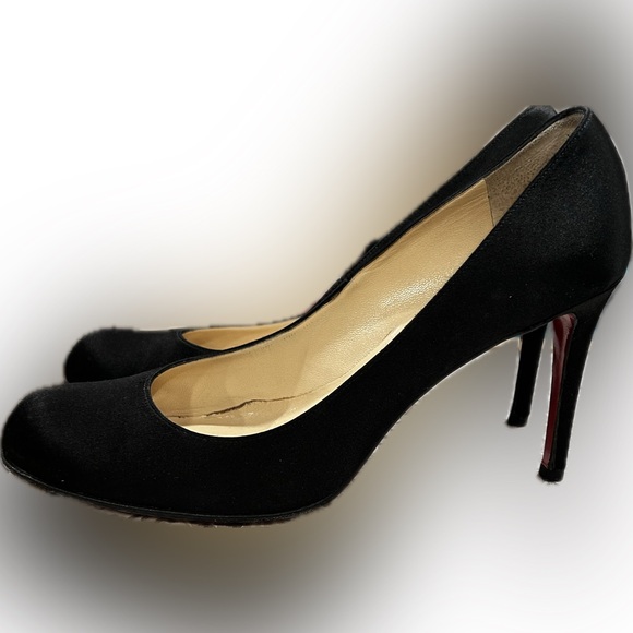 Christian Louboutin Black Round Toe Satin Red Bottoms 39 1/2 88mm - Picture 9 of 10